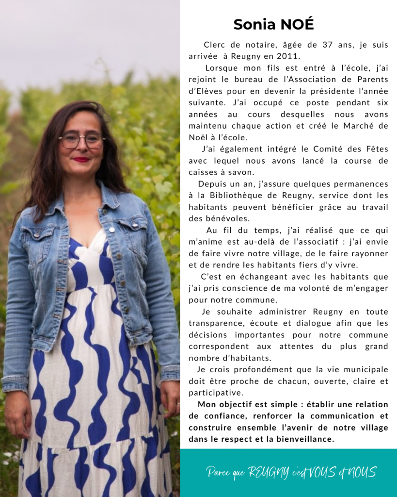 Découvrez la présentation de Sonia NOÉ, qui mène la liste REugnt, c'est Vous et Nous